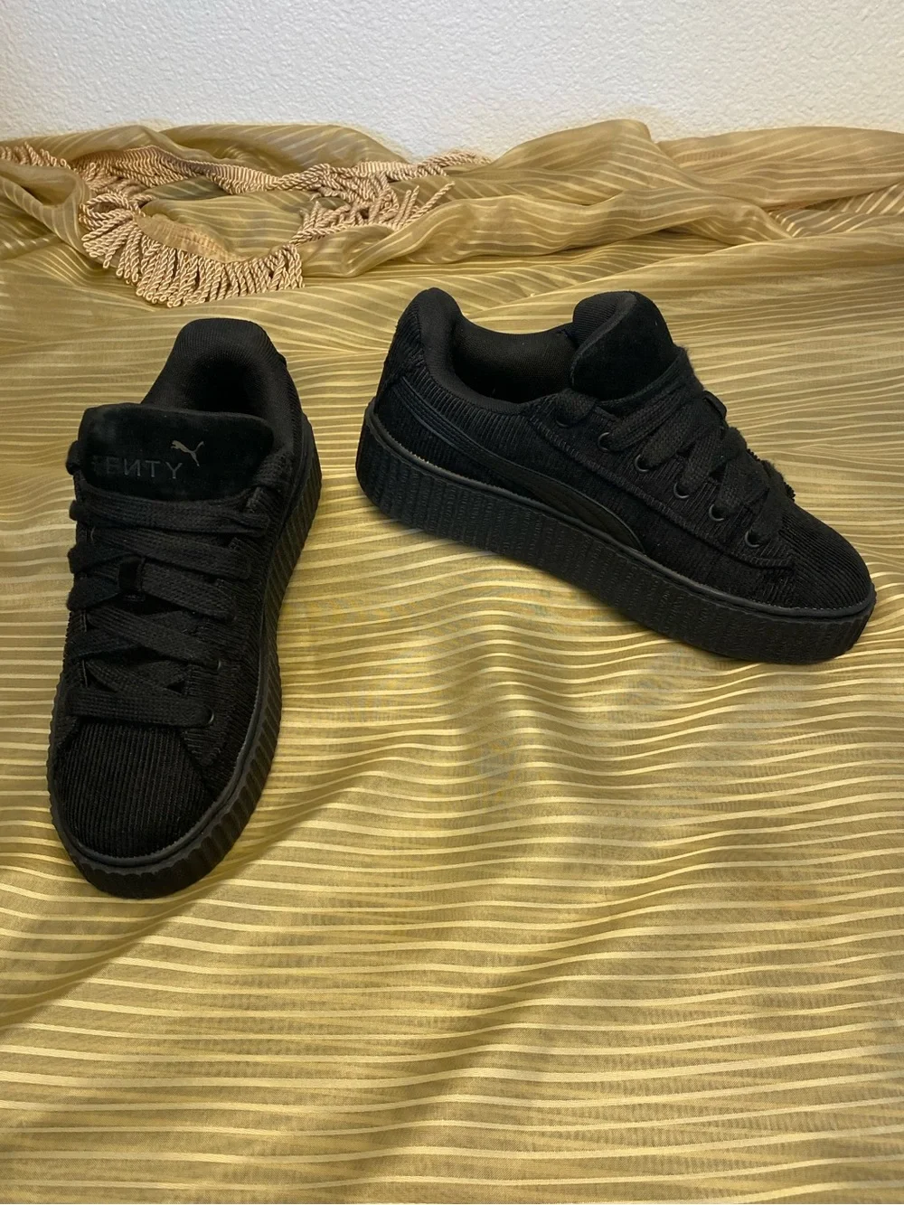 PUMA FENTY Black Corduroy Platform Lace-Up Sneakers, size 8.5